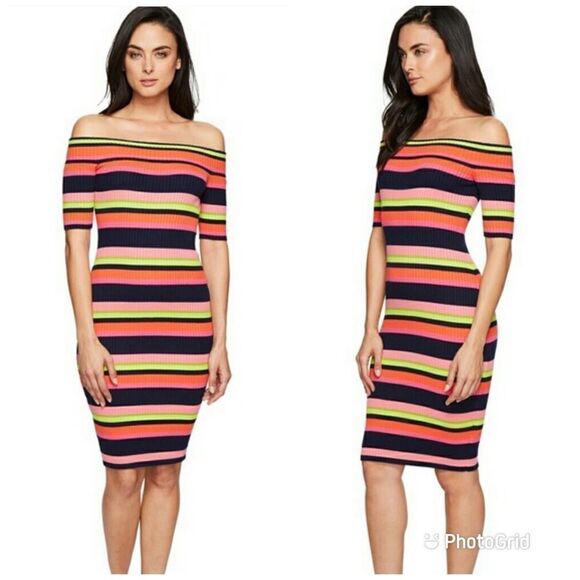 TRINA TURK Midi Ribbed Bodycon Dress Off‎ The Shoulder Striped Rainbow Medium - Picture 1 of 13